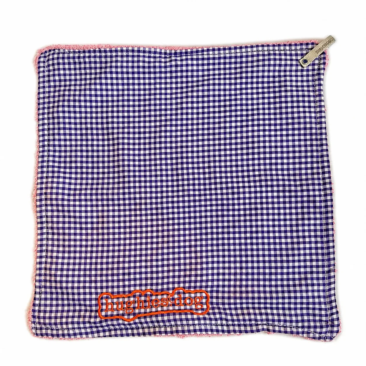 Purple gingham reusable dog drool cloth with embroidered Hughies logo