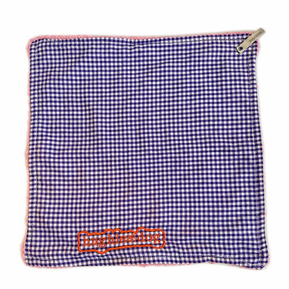Purple gingham reusable dog drool cloth with embroidered Hughies logo