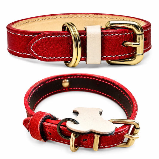 Red classic recycled leather dog collar with solid brass hardware