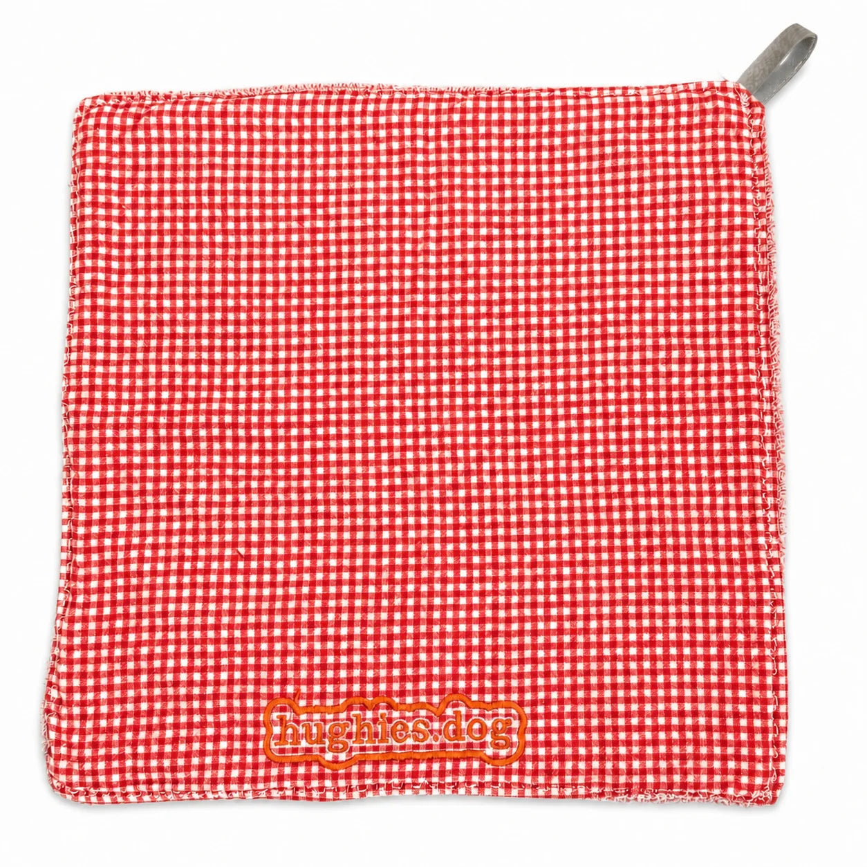 Red gingham reusable dog drool cloth with embroidered Hughies logo