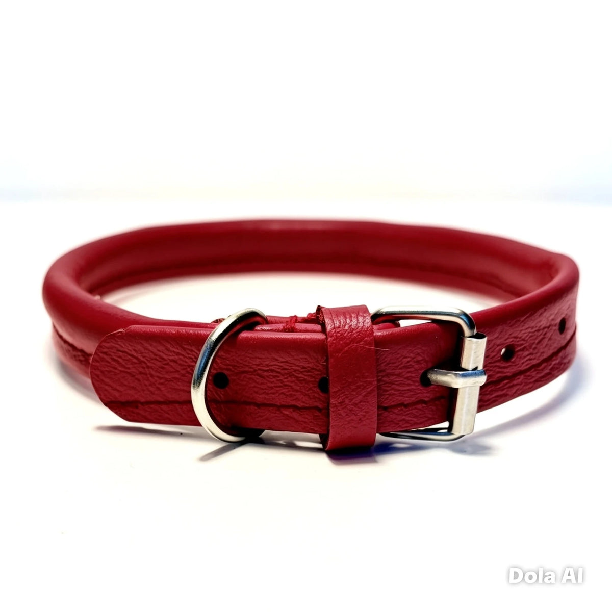 Red rolled recycled leather dog collar with rounded leather band, matching keeper, silver-coloured buckle and D-ring