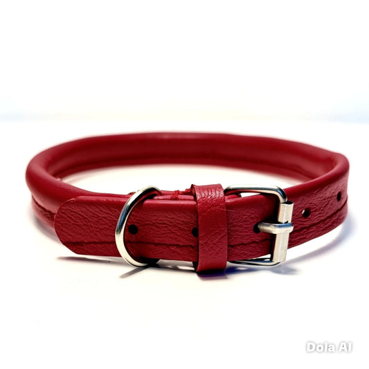 Red rolled recycled leather dog collar with rounded leather band, matching keeper, silver-coloured buckle and D-ring