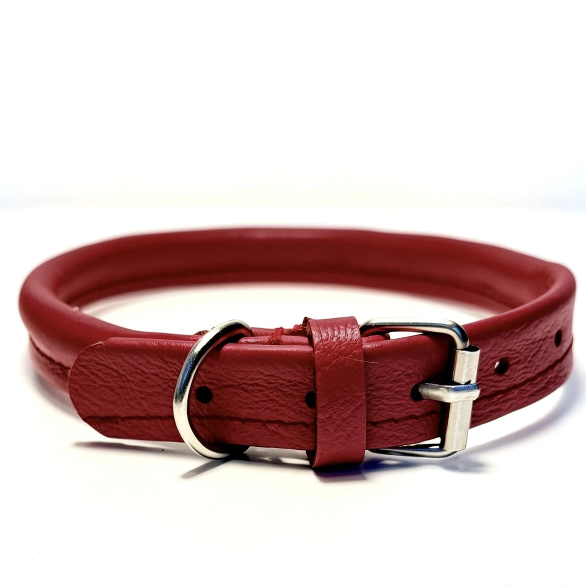 Red rolled recycled leather dog collar with rounded leather band, matching keeper, silver-coloured buckle and D-ring