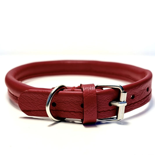 Red rolled recycled leather dog collar with rounded leather band, matching keeper, silver-coloured buckle and D-ring