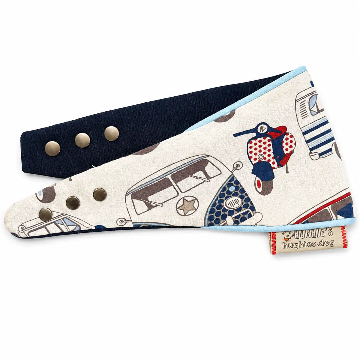 Retro Camper Heritage snap-on dog bandana popper fastening and fabric detail on white background
