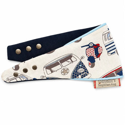 Retro Camper Heritage snap-on dog bandana popper fastening and fabric detail on white background