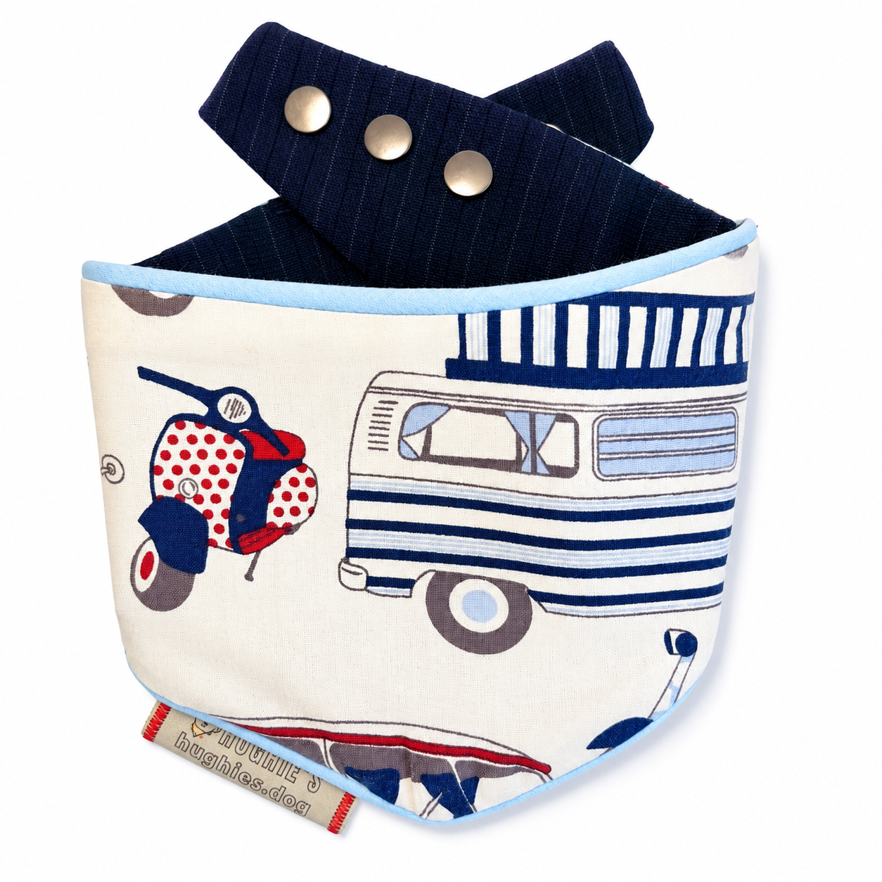 Retro Camper Heritage reversible snap-on dog bandana front view on white background