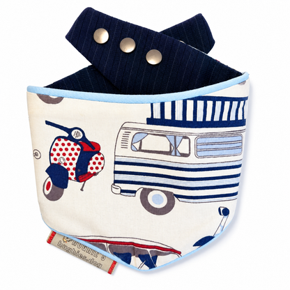 Retro Camper Heritage reversible snap-on dog bandana front view on white background