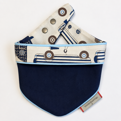 Retro Camper Heritage reversible snap-on dog bandana navy reverse side on white background