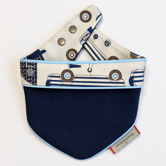 Retro Camper Heritage reversible snap-on dog bandana navy reverse side on white background