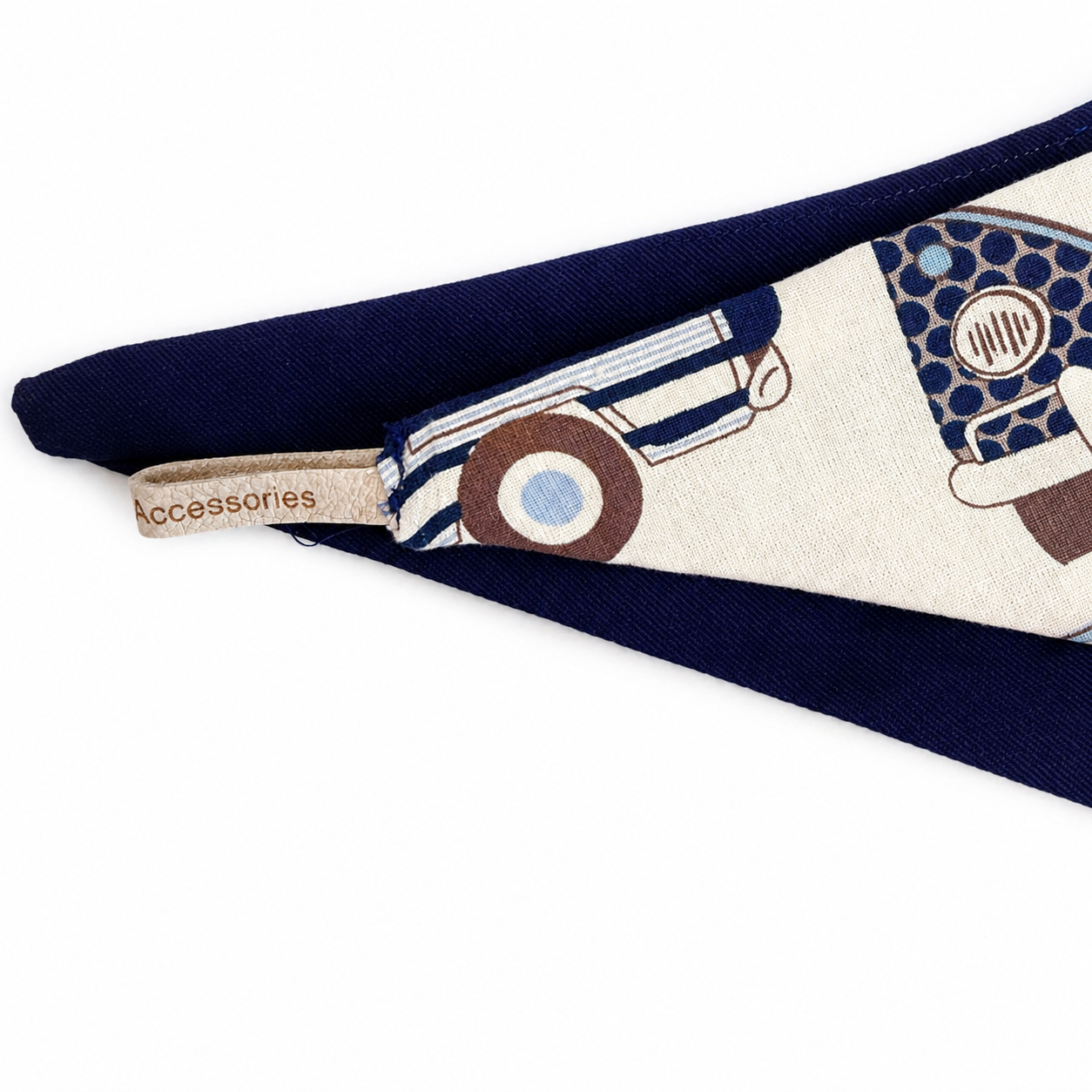 Retro Camper Heritage tie-on dog bandana fabric and fastening detail on white background