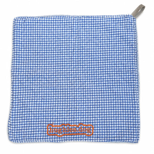 Sky blue gingham reusable dog drool cloth with embroidered Hughies logo