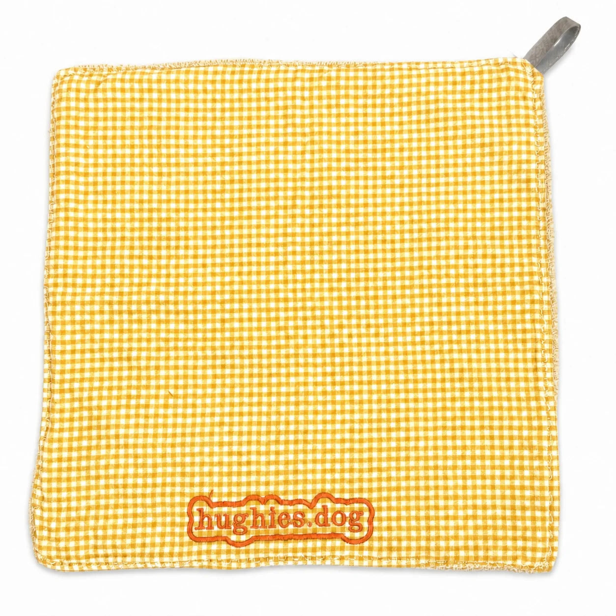 Yellow gingham reusable dog drool cloth with embroidered Hughies logo