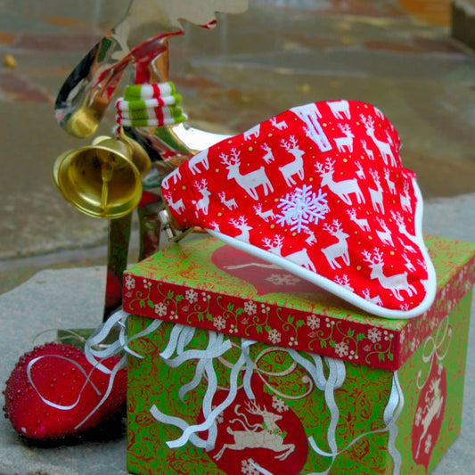 Bandana with Christmas decorations sitting on stone.